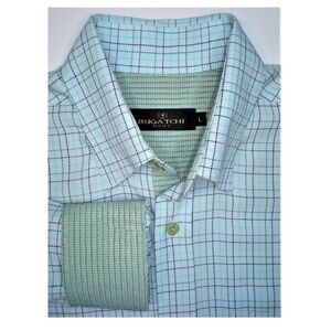 BUGATCHI Light Blue, Green, Black Checked Long Sleeve Shirt w/ Contrast Trim